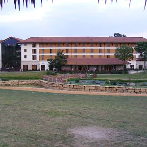 View of hotel from Wanyama Reserve lookout tower at Chessington Zoo, 25 Jun