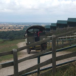 View of truck passing the lodges in the African Experience