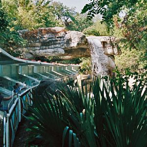 monorail exiting waterfall