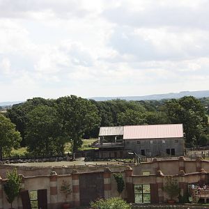 Lion viewing area with 2003 Giraffe House behind, 4th August 2014