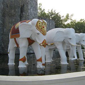 white elephant statues at entrance
