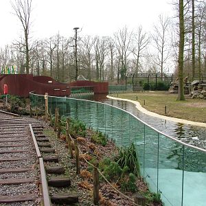 Railway-themed lion viewing area at Planckendael Jan 09