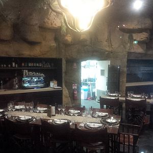 looking thru glass into the dining area of the lodge