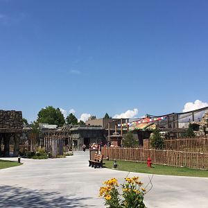 Lost Kingdom from south end looking north toward snow leopard habitat on right and restaurant on left