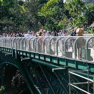 People and bubbles crossing the bridge. Looking East.