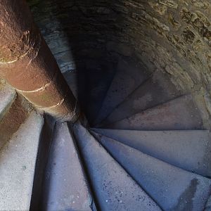 Looking down spiral staircase