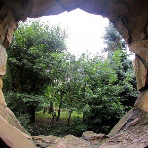 Oval observation window in the pavilion. View of the Gibbon island.