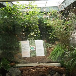 Bird House - Empty aviary with large Silent Forest campaign education sign