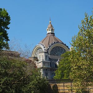 Antwerp Central Station tower seen from within the zoo, 2019-04-20
