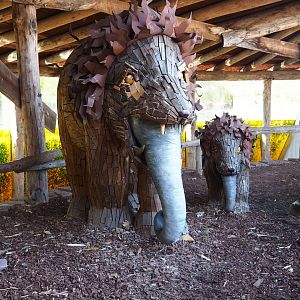 Weird statues by former pygmy hippopotamus underwater viewing area, 2019-03-30