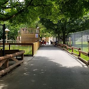 Lehigh Valley Zoo - path between hoofed areas facing opposite of previous photo, giraffe feeding platform in front