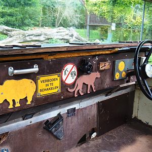 Mock dashboard of the safari vehicle by the African lion exhibit, 2019-07-21
