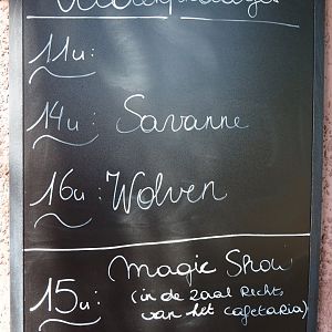 Schedule board with times of feeding presentations and magic show, 2019-06-01