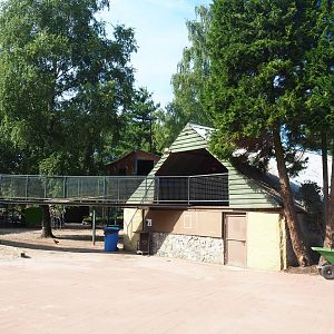 Backside of petting zoo barn with bridge for pygmy goats towards barns, 2019-06-01