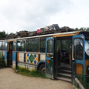 Old bus as viewing area and theming for the reticulated giraffe exhibit, 2019-08-11
