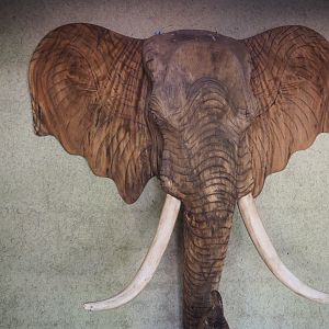 African elephant head wood carving in the restaurant, 2019-08-11