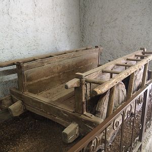Assorted objects in the entrance corridor to the tropical house - Wooden cart, 2019-08-04