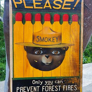 The Last Frontier theming - Smokey Bear fire prevention sign, 2019-10-04
