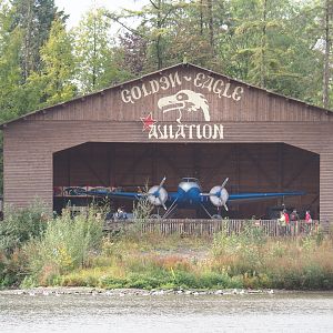 Extreme theming in The Land of the Cold - Golden Eagle Aviation hangar, with bush plane, 2019-10-04