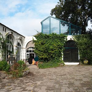 Gift shop buildings and side of the Lear's macaw aviary, 2019-10-05