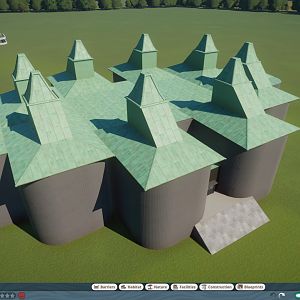 Planet Zoo: ZSL London Zoo: The Casson Pavilion aerial view (with Penguin Pool in background)