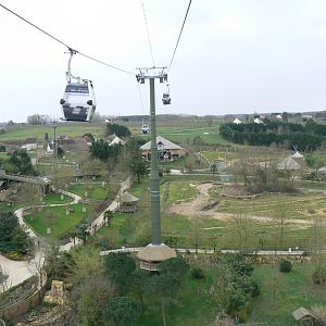 View from the cable car - Below : okapi outdoor enclosures - Left : children farm - Center and right : elephants complex