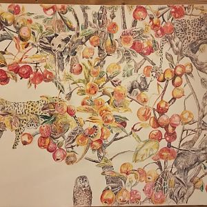 Animals resting on an apple tree in autumn