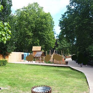 Temporary walkway and playground on the large lawn in between the lions and the bird house, 2020-06-28