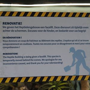Exhibit renovation signage in the Reptile house, 2020-06-28