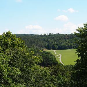 View of the Lesse valley and the lower area of the wildlife park from Le Tivoli restaurant, 2020-07-12