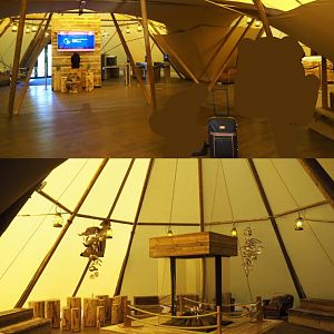 Pairi Daiza Resort reception area in tipis,  2020-09-02