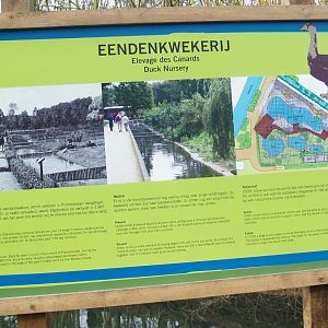 Sign from 2009 on the past, present and future of the duck nursery/waterfowl breeding area, 2009-03-01