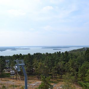 View over the bear encolusure and the sea from Kolmården safari cable car