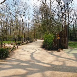 Park view with walkway and viewing areas for scimitar-horned oryx and spotted hyena exhibits, 2021-04-20