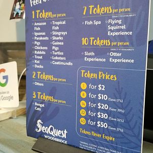 SeaQuest Woodbridge - How many coins each thing costs