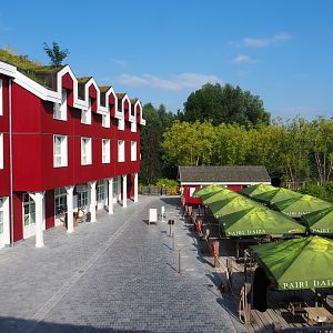 Part of The Paddling Bear hotel, walkway and terrace, seen from the hotel room, 2021-09-02