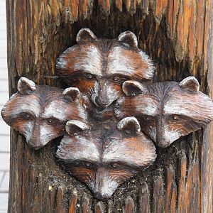 Raccoon heads wood carving near the raccoon exhibit, 2021-09-02