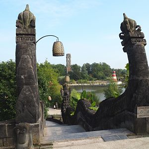 Asian themed stairs with old abbey tower and lighthouse in the background, 2021-09-02