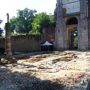 Archaeological dig site at the foot of the old abbey tower (Normally the raptor show area), 2021-09-02