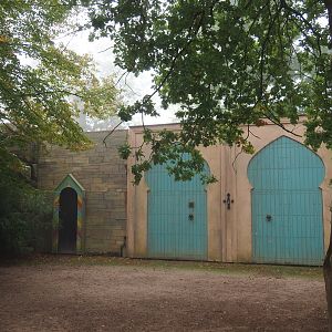 Themed wall and gates in front of Asian elephant training wall, 2021-10-10