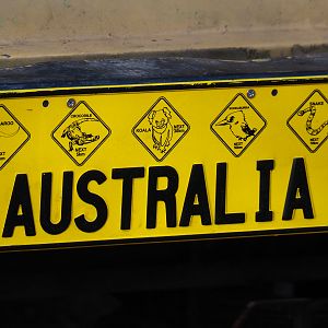 License plate of outback vehicle added as theming near the Tasmanian devil exhibit, 2022-04-12