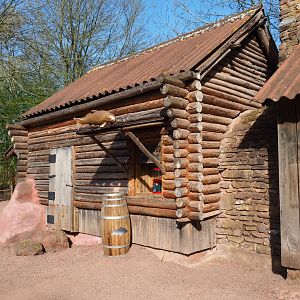 Former wombat and pademelon exhibit, now removed, and fish food dispenser with theming placed in former window, 2022-04-12
