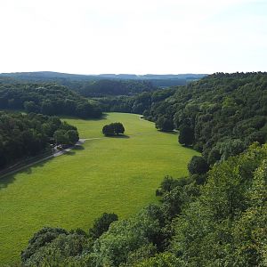Landscape view of the Lesse Valley and the lower part of the wildlife park seen from the canopy trail, 2021-08-15