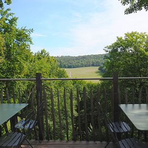 Terrace of Tivoli restaurant with view of Lesse Valley and lower part of the wildlife park, 2021-08-15