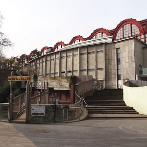 Former Sea lion and dolphin building, staircase to jubilee complex and Spectacled bear exhibit temporarily used as playground, 2022-03-16