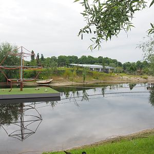 South American exhibit with South American house in background and new floating islands for future spider monkey exhibit, 2022-05-17