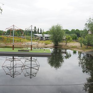 South American exhibit with South American house in background and new floating islands for future spider monkey exhibit, 2022-05-17