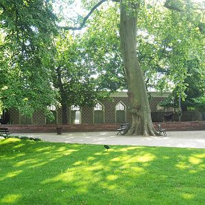 Park view with old trees, walkway, okapi paddock and Moorish temple, 2022-05-26