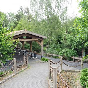 Park view with eating area, walkway and Mandarin duck and Red-breasted goose exhibit, 2022-05-17