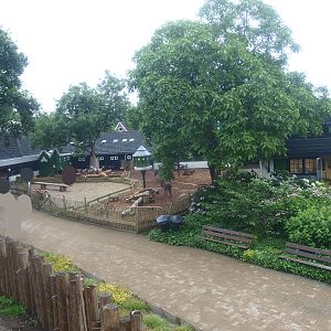 Petting zoo paddock and buildings, seen from the elevated Wild West exhibit walkway, 2015-07-19